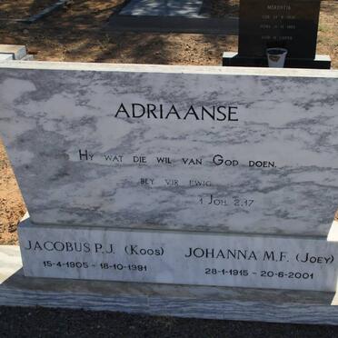ADRIAANSE Jacobus P.J. 1905-1981 &amp; Johanna M.F. 1915-2001
