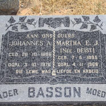 BASSON Johannes A. 1886-1876 &amp; Martha E.J. DEIST 1895-1966