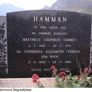 HAMMAN Mattheus Casparus 1902-1973 &amp; Catharina Elizabeth ROUX 1909-1985