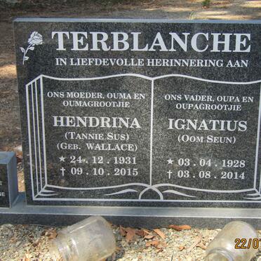 TERBLANCHE Ignatius 1928-2014 &amp; Hendrina nee WALLACE 1931-2015