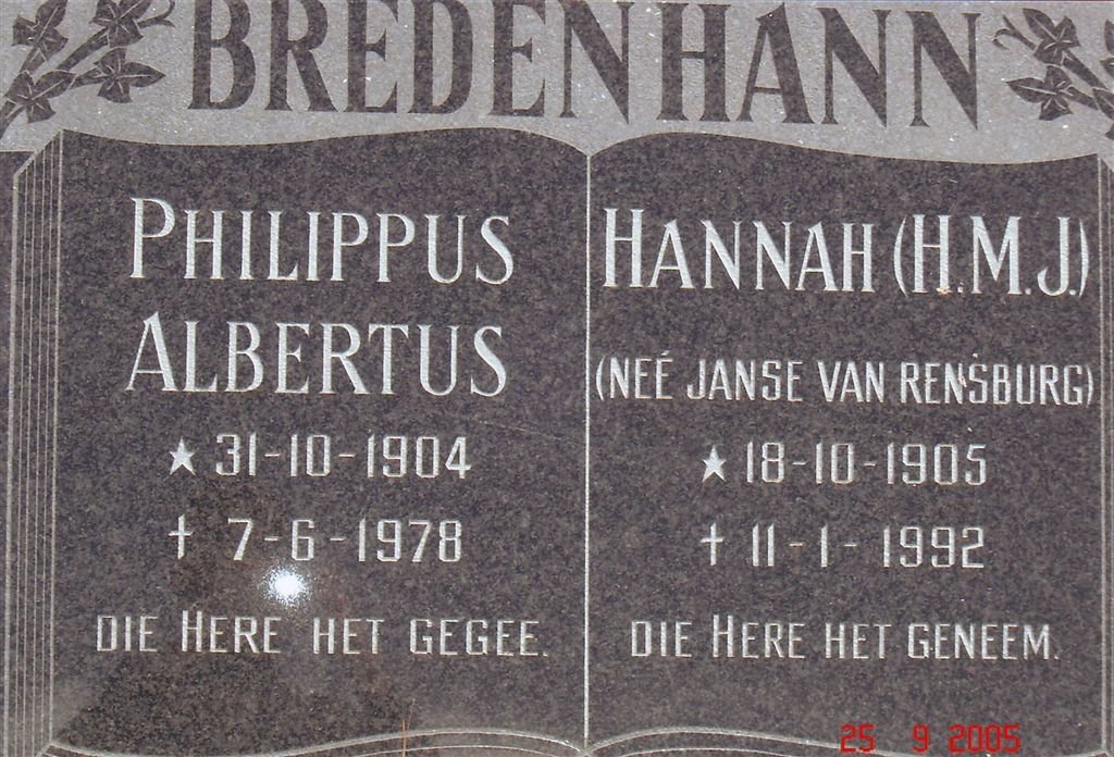BREDENHANN Philippus Albertus 1904-1978 &amp; Hannah M.J. JANSE VAN RENSBURG 1905-1992