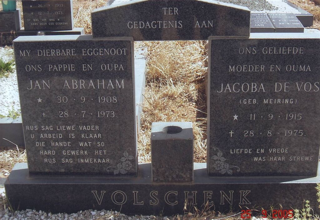 VOLSCHENK Jan Abraham 1908-1973 &amp; Jacoba De Vos MEIRING 1915-1975