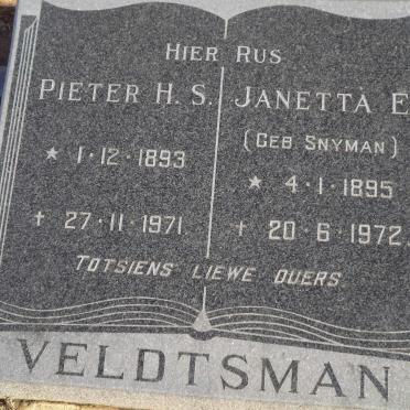 VELDTSMAN Pieter H.S. 1893-1971 &amp; Janetta E. SNYMAN 1895-1972