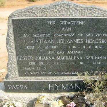 HYMAN Christiaan Johannes Hendrik 1917-1973 &amp; Hester Johanna Magdalena VAN WYK 1919-1974 