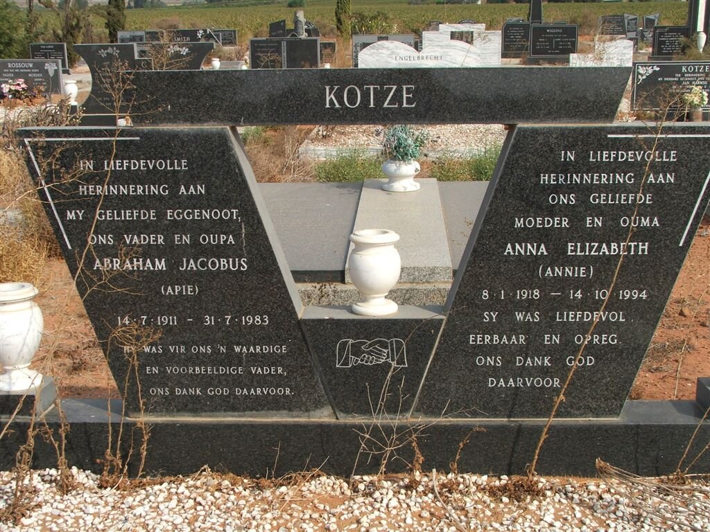 KOTZE Abraham Jacobus 1911-1983 &amp; Anna Elizabeth 1918-1994