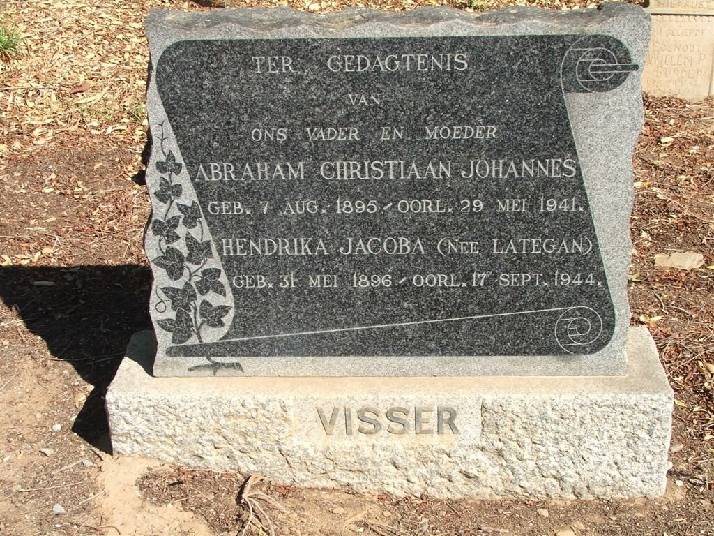 VISSER Abraham Christiaan Johannes 1895-1941 &amp; Hendrika Jacoba LATEGAN 1896-1944