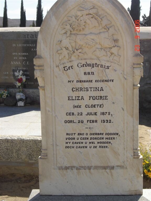 FOURIE Christina Eliza nee CLOETE  1875-1932