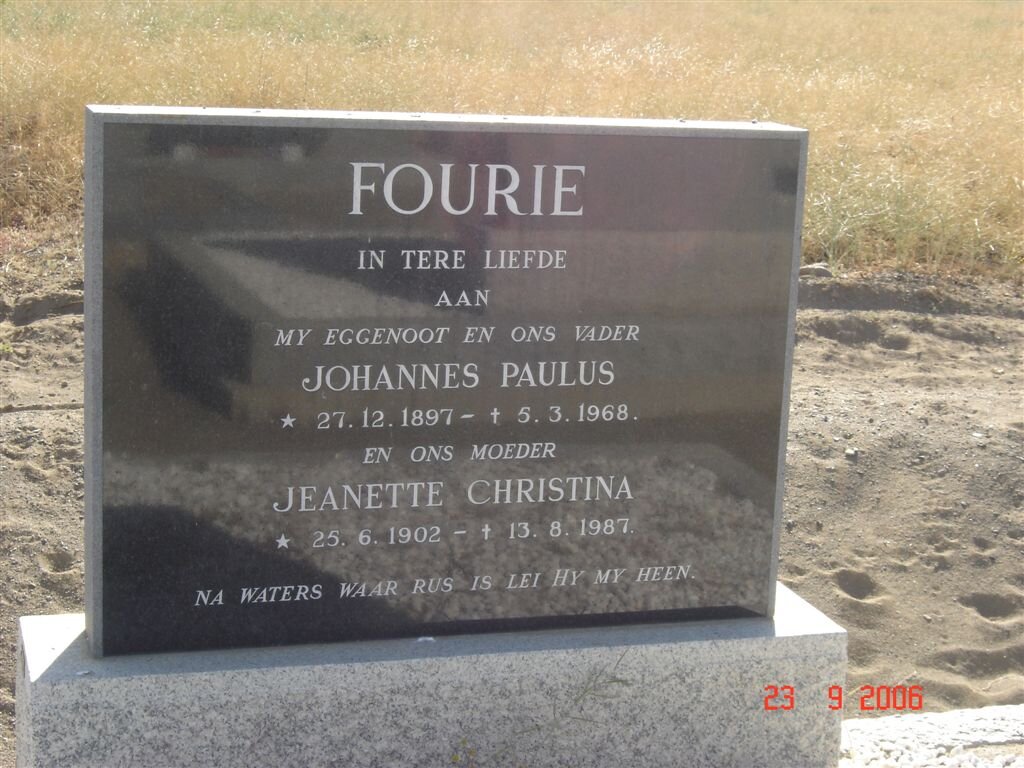 FOURIE Johannes Paulus 1897-1968 &amp; Jeanette Christina 1902-1987