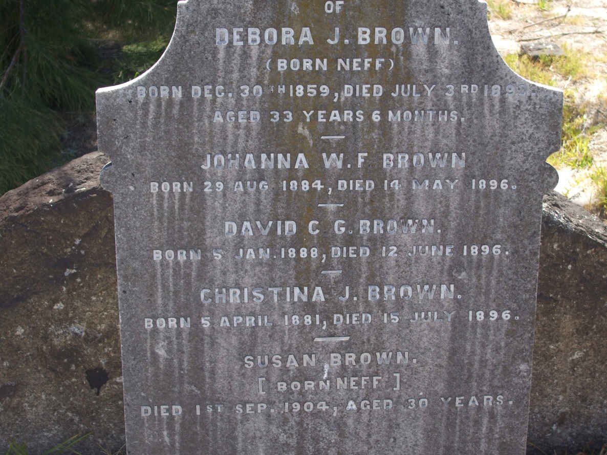 BROWN Debora J. nee NEFF 1859-1912 :: BROWN Johanna W.F. 1884-1896 :: BROWN  David C.G.1888-1896 :: BROWN Christina J. 1881-1896