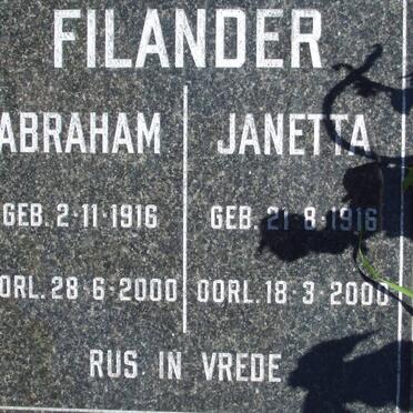 FILANDER Abraham 1916-2000 &amp; Janetta 1916-2000