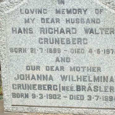 GRUNEBERG Hans Richard Walter 1899-1978 :: GRUNEBERG Johanna Wilhelmina nee BRASLER 1902-1994