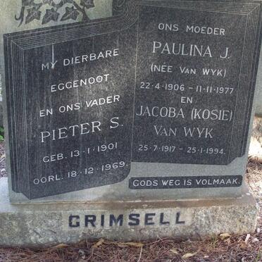GRIMSELL Pieter S. 1901-1969 &amp; Paulina J. VAN WYK 1906-1977, VAN WYK Jacoba 1917-1994