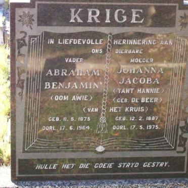 KRIGE Abraham Benjamin 1875-1964 &amp; Johanna Jacoba DE BEER 1887-1975