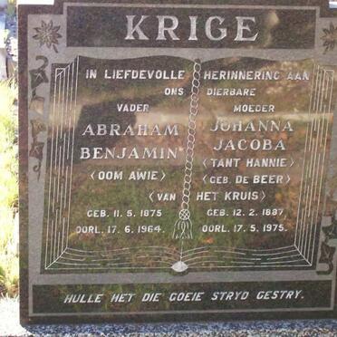 KRIGE Abraham Benjamin 1875-1964 &amp; Johanna Jacoba DE BEER 1887-1975