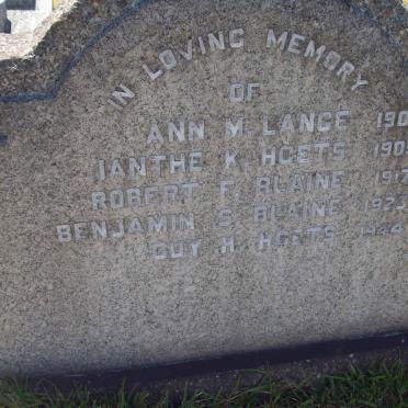 LANGE Ann M. -1905 :: HOETS Ianthe K. -1909 :: BLAINE Robert F. -1917 :: BLAINE Benjamin S. -1923 :: HOETS Guy H. -1944