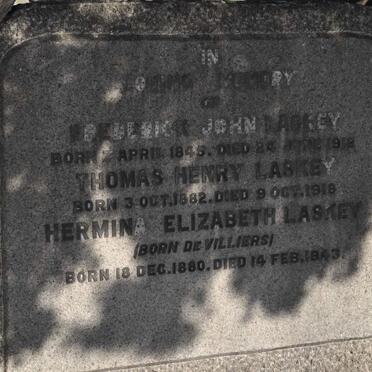 LASKEY Frederick John 1845-1912 :: LASKEY Thomas Henry 1882-1918 :: LASKEY Hermina Elizabeth nee DE VILLIERS 1880-1943