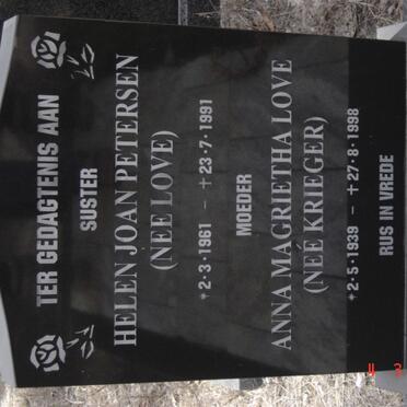 LOVE Anna Magrietha nee KRIEGER 1939-1998 :: PETERSEN Helen Joan nee LOVE 1961-1991