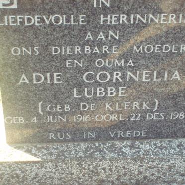 LUBBE Adie Cornelia nee DE KLERK 1916-1988