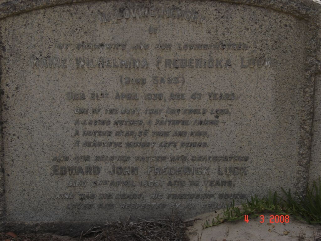 LUCK Edward John Frederick -1959 &amp; Marie Wilhelmina Fredericka SASS -1938