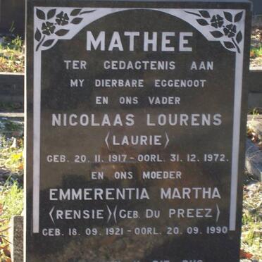 MATHEE Nicolaas Lourens 1917-1972 &amp; Emmerentia Martha DU PREEZ 1921-1990