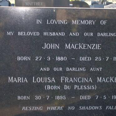 MacKENZIE John 1880-1966 &amp; Maria Louisa Francina DU PLESSIS 1895-1979