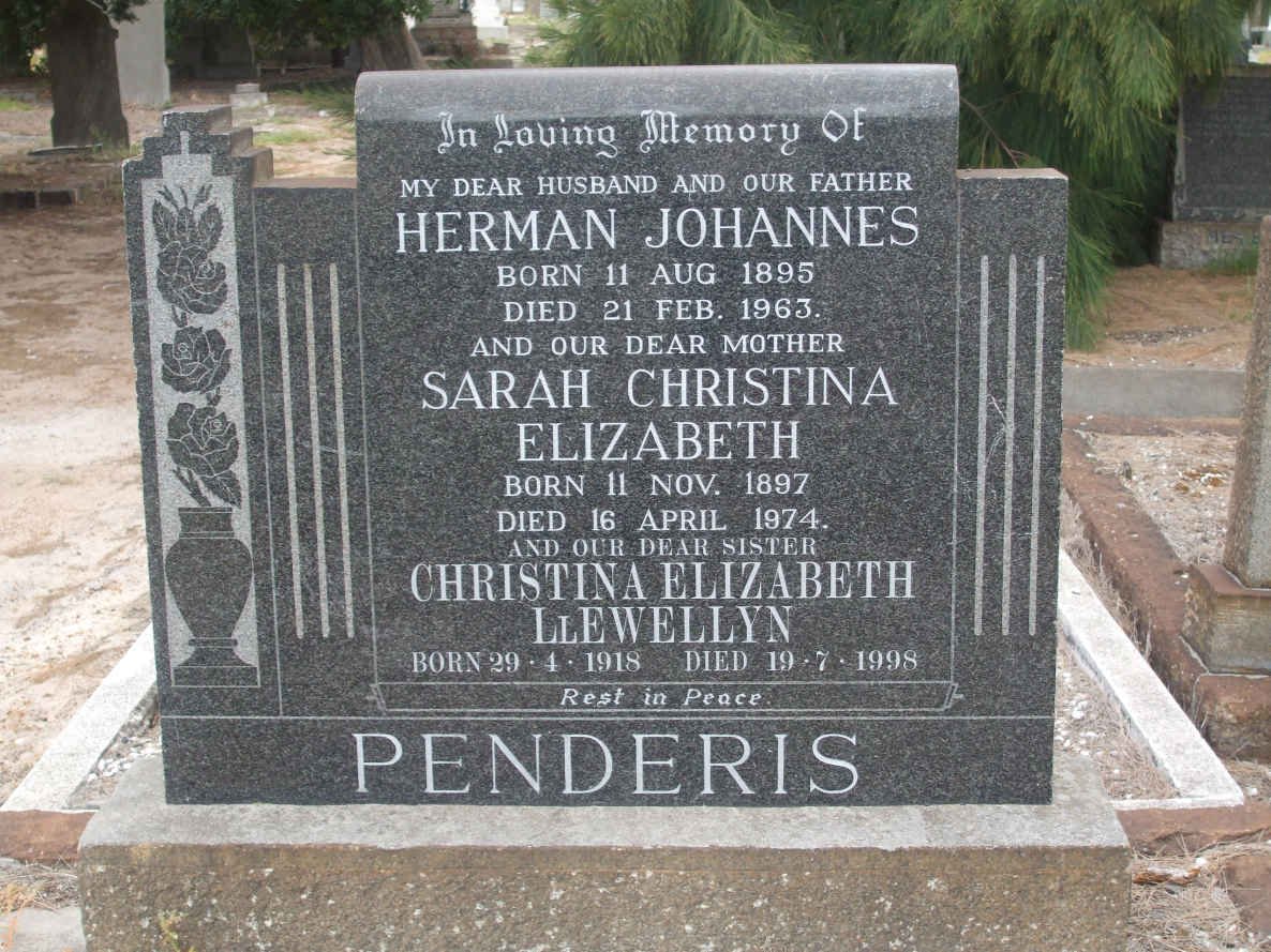 PENDERIS Herman Johannes 1895-1963 &amp; Sarah Christina Elizabeth 1897-1974 :: LLEWELLYN Christina Elizabeth 1918-1998