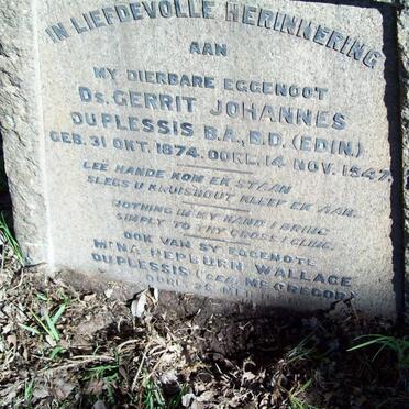 PLESSIS Gerrit Johannes, du 1874-1947 &amp; Mina Hepburn Wallace McGREGOR -1951