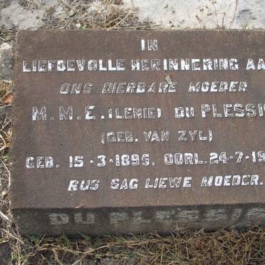 PLESSIS M.M.E, du nee VAN ZYL 1895-1955