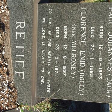 RETIEF Paul Johannes 1893-1965 &amp; Florence Enid MULRONEY 1897-1971