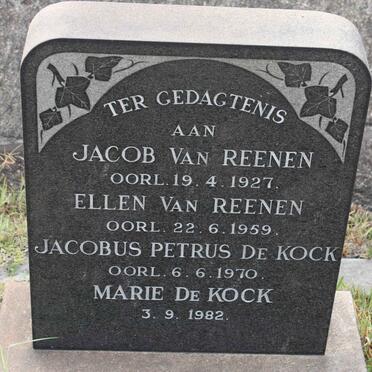 REENEN Jacob, van -1927 :: VAN REENEN Ellen -1959 : DE KOCK Jacobus Petrus -1970 :: DE KOCK Marie -1982