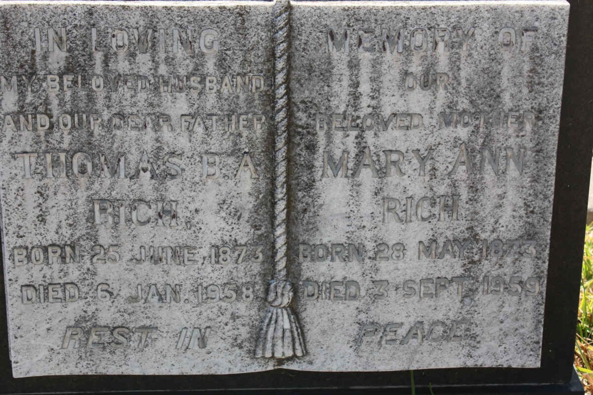 RICH Thomas B.A. 1873-1958 &amp; Mary Ann 1873-1959