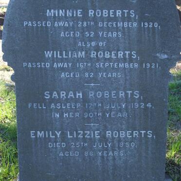 ROBERTS William -1921 :: ROBERTS Minnie -1920 :: ROBERTS Sarah -1924 :: ROBERTS Emily Lizzie -1950