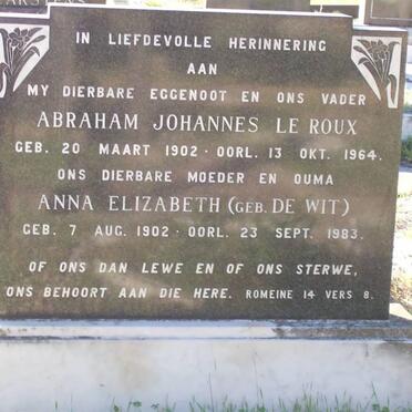 ROUX Abraham Johannes, le 1902-1964 &amp; Anna Elizabeth DE WIT 1902-1983