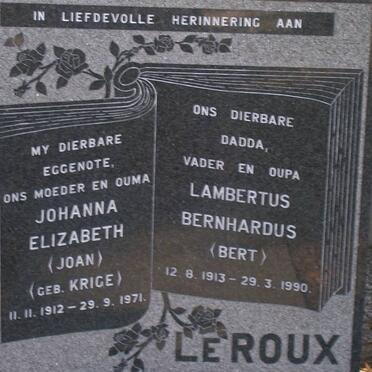 ROUX Lambertus Bernhardus, le 1913-1990 &amp; Johanna Elizabeth KRIGE 1912-1971