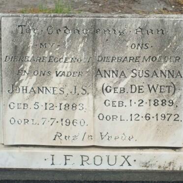 ROUX Johannes J.S., le 1883-1960 &amp; Anna Susanna DE WET 1889-1972 :: KOEN David Benjamin 1911-1981 