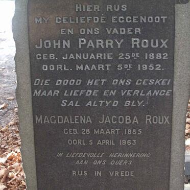 ROUX John Parry 1882-1952 &amp; Magdalena Jacoba 1885-1963