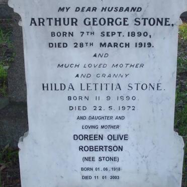 STONE Arthur George 1890-1919 &amp; Hilda Letitia 1890-1972 :: ROBERTSON Doreen Olive nee STONE 1918-2003
