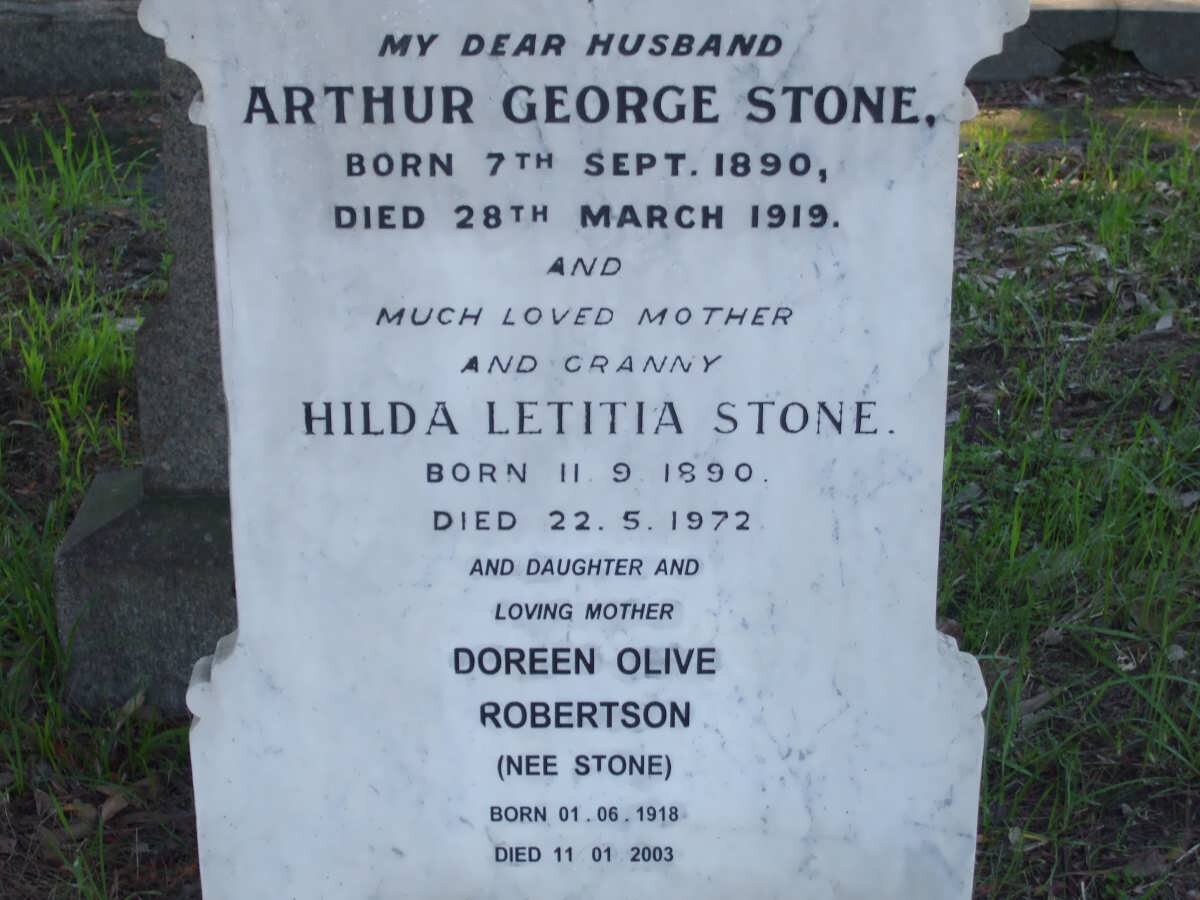 STONE Arthur George 1890-1919 &amp; Hilda Letitia 1890-1972 :: ROBERTSON Doreen Olive nee STONE 1918-2003
