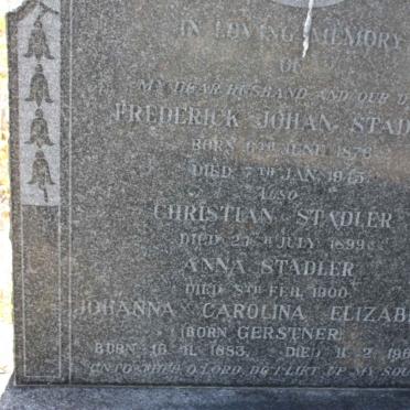 STADLER Frederick Johan 1876-1945 &amp; Johanna Carolina Elizabeth GERSTNER 1883-1965