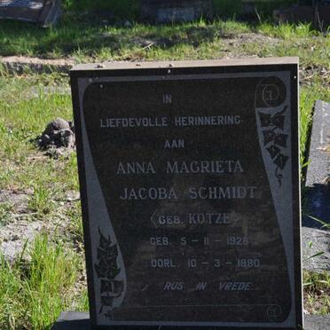 SCHMIDT Anna Magrieta Jacoba nee KOTZE 1928-1980