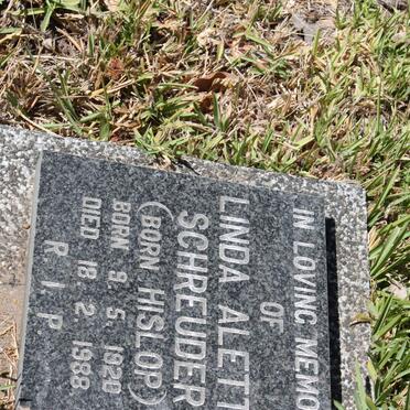SCHREUDER Linda Aletta nee HISLOP 1920-1988