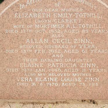 TOTHILL Elizabeth Emily nee CLARKE -1952 :: ZINN Allan Cecil -1952 &amp; Vera Elaine Louise -1970 :: ZINN Elaine Patricia -1946