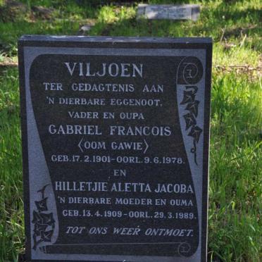 VILJOEN Gabriel Francois 1901-1978 &amp; Hilletjie Aletta Jacoba 1909-1989