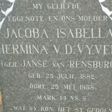 VYVER Jacoba Isabella Hermina, v.d. nee JANSE VAN RENSBURG 1882-1958