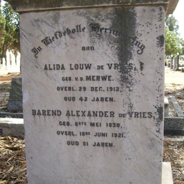 VRIES Barend Alexander, de 1830-1921 :: V.D. MERWE Alida Louw  -1912