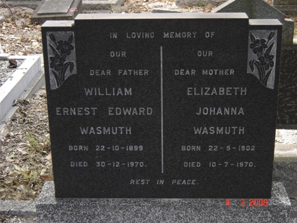 WASMUTH William Ernest Edward 1899-1970 &amp; Elizabeth Johanna 1902-1970