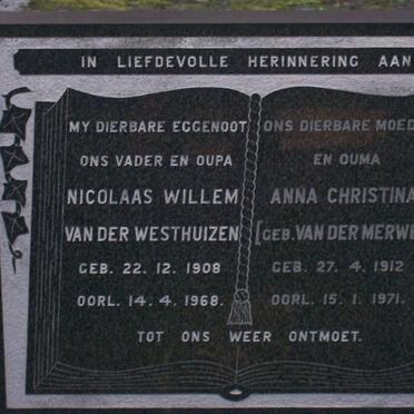 WESTHUIZEN  Nicolaas Willem, van der 1908-1968 &amp; Anna Christina VAN DER MERWE 1912-1971