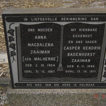 ZAAIMAN Casper Hendrik Badenhorst 1896-1971 &amp; Anna Magdalena MALHERBE 1904-1987