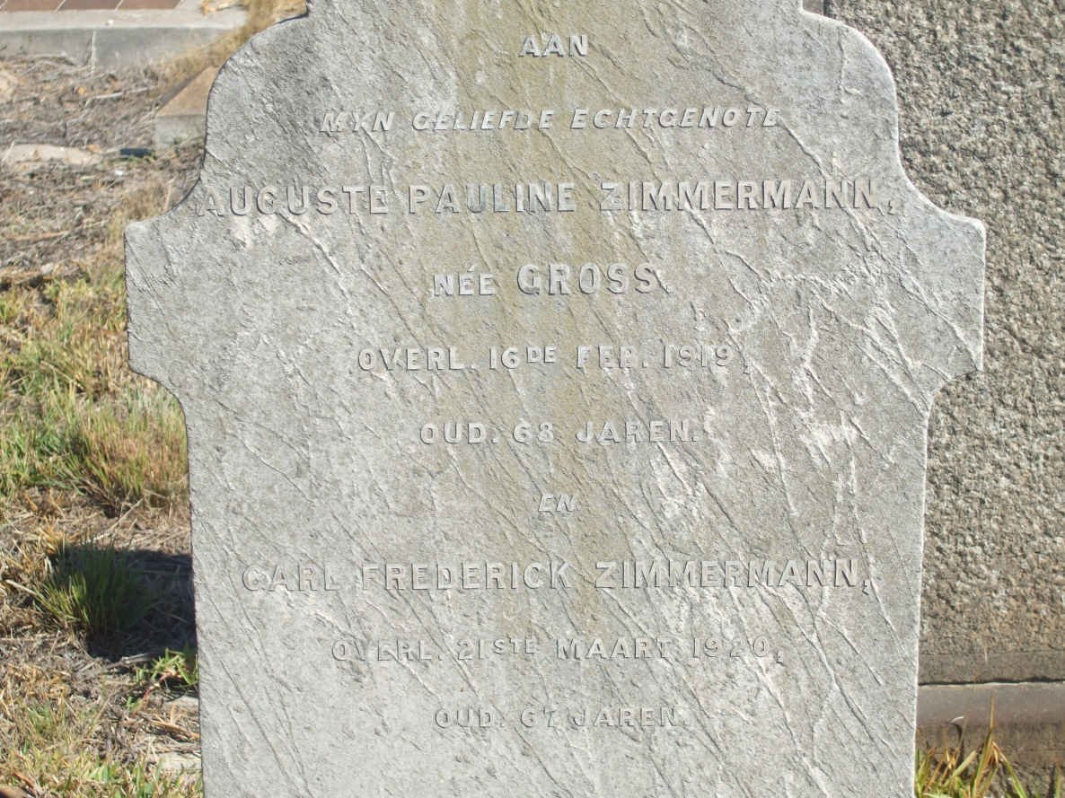 ZIMMERMANN Carl Frederick -1920 Auguste Pauline GROSS -1919