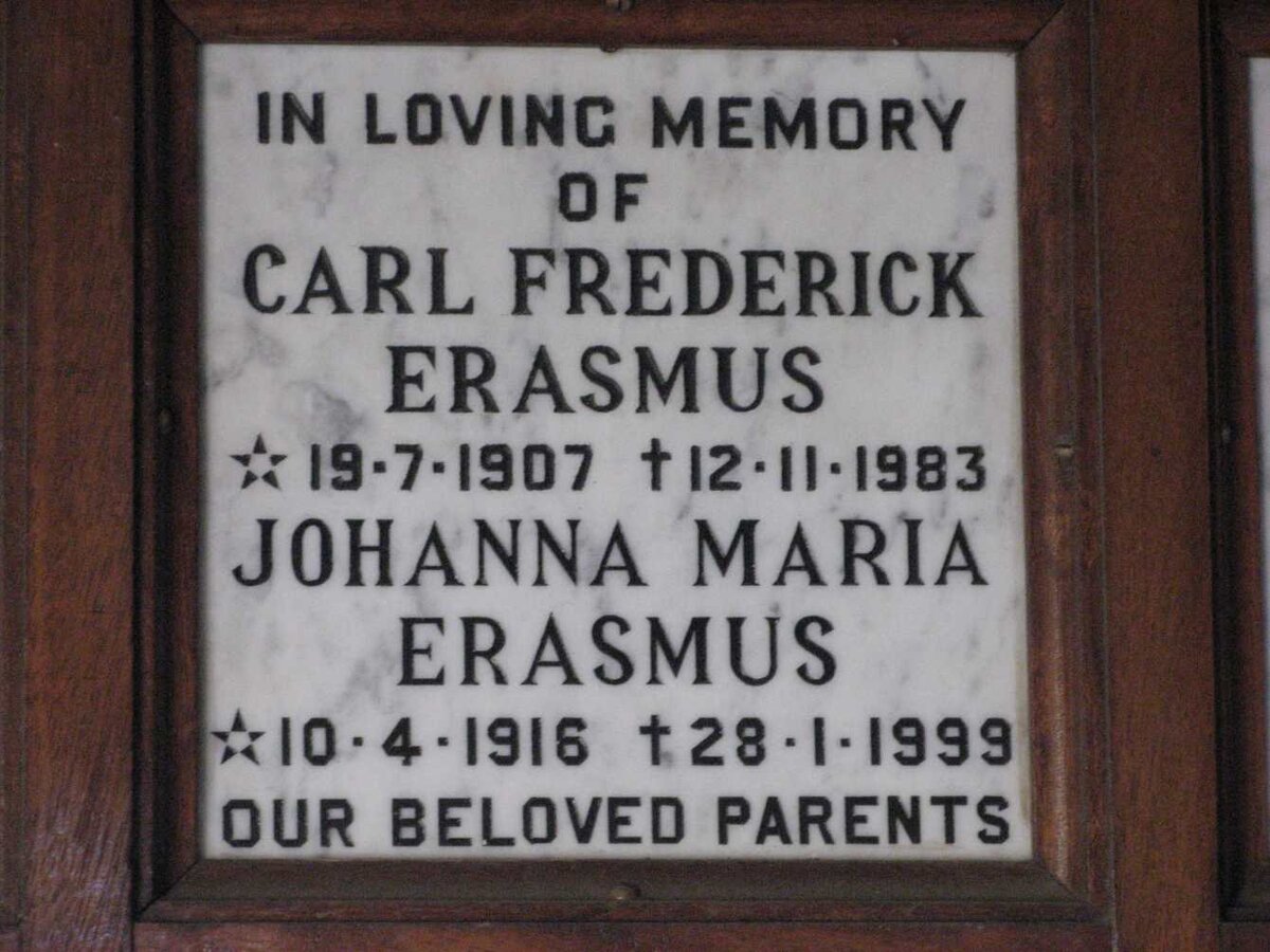 ERASMUS Carl Frederick 1907-1983 &amp; Johanna Maria 1916-1999